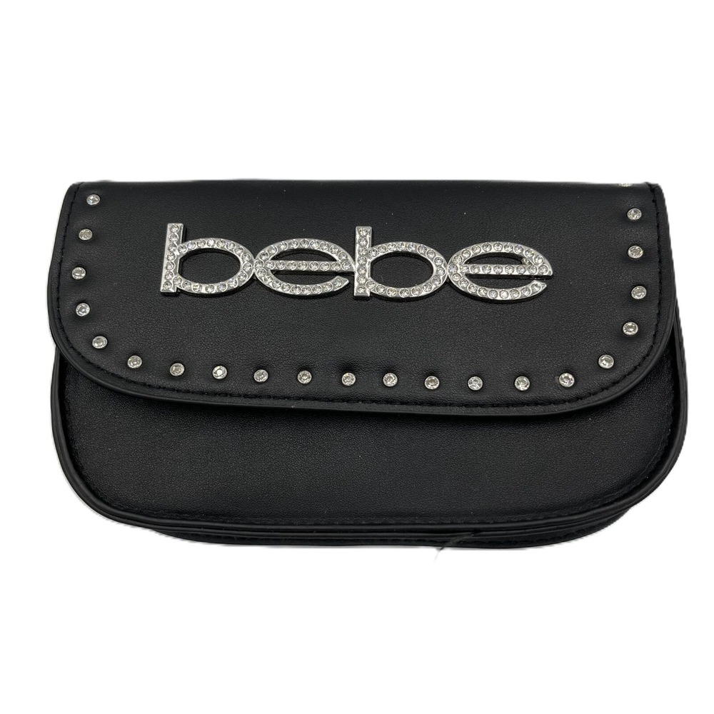 Bebe Rhinestone Logo Attachable Waistpack Faux Leather Zippered Travel Black OS